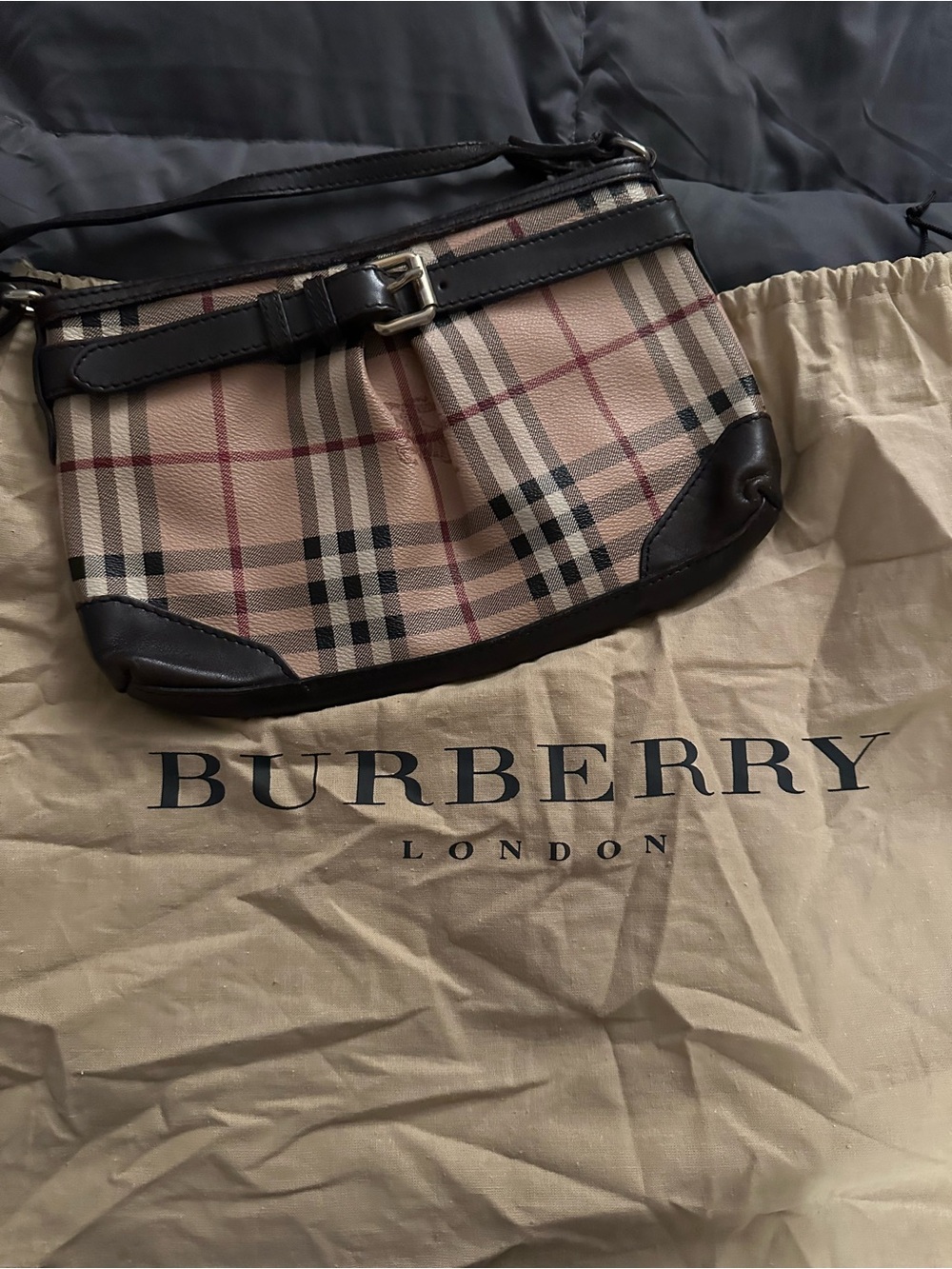 Burberry Beige Plaid Shoulder Bag with Dark Brown Trim